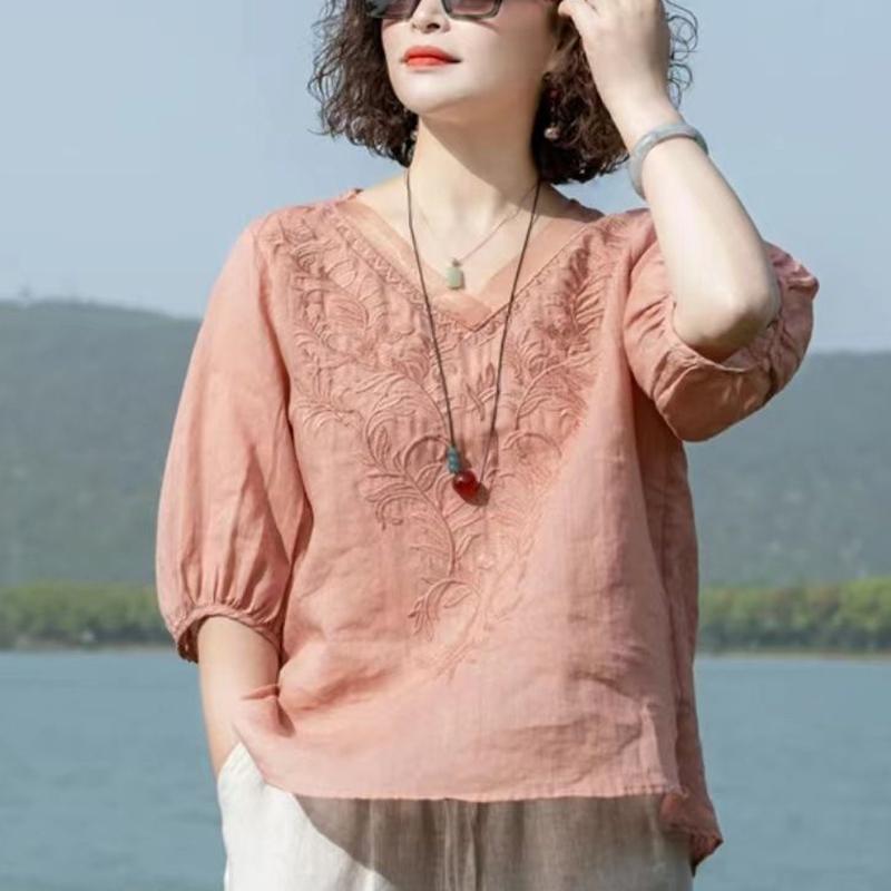 Summer Women's Literary Vintage Embroidery Cotton Linen Shirt Ladies Half Sleeve Loose Casual Blouse Women's Clothing Tops