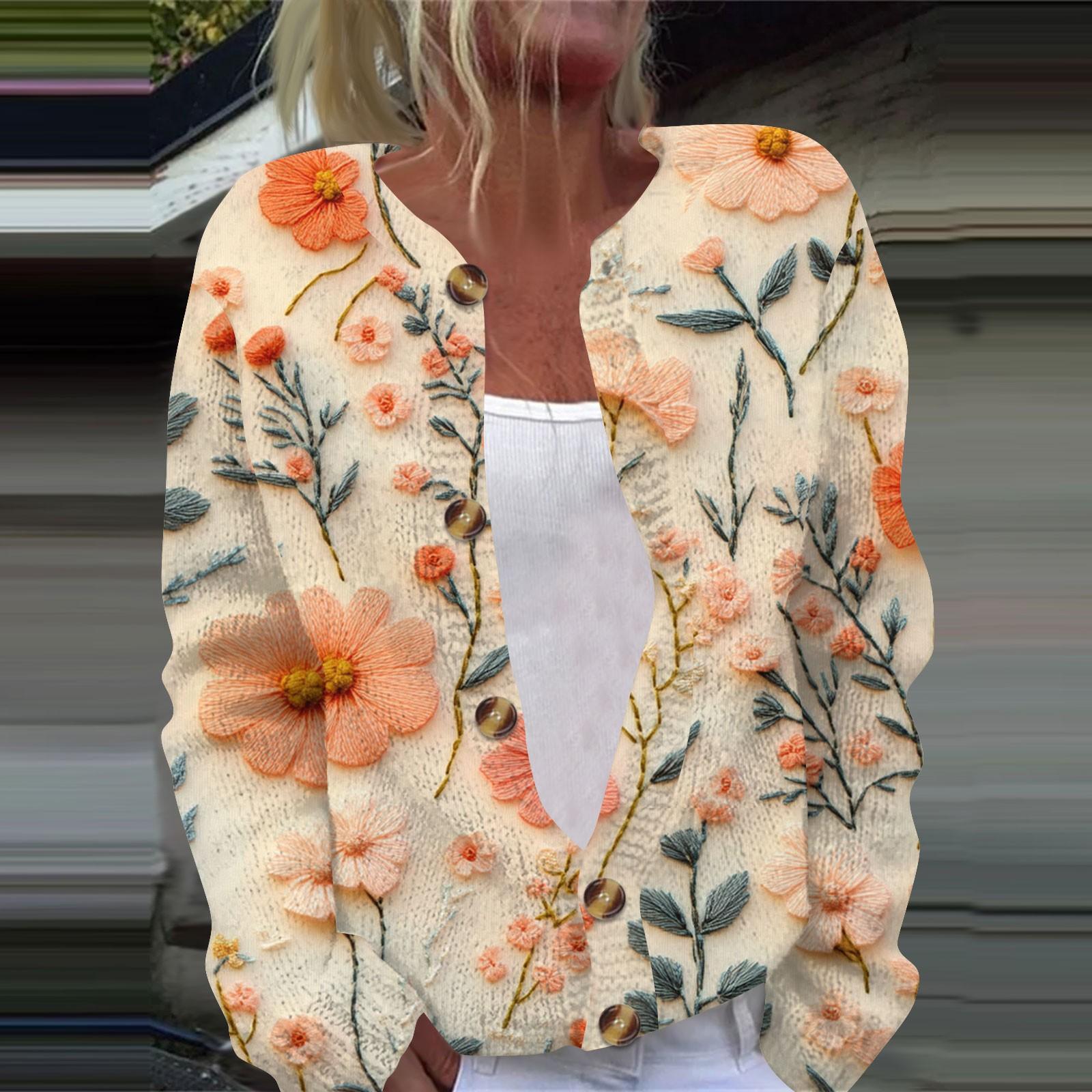 

Женская повседневная мода ретро цветочный принт длинный рукав кардиган куртка на пуговицах XXXXL