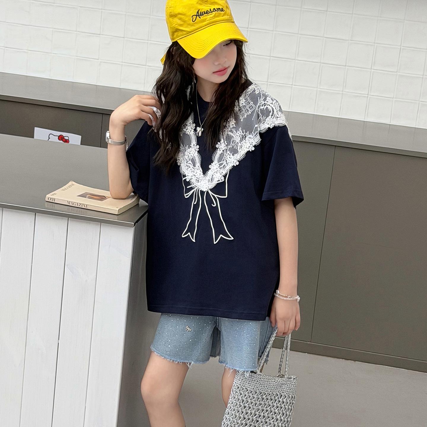 Girls Korean Style Lace Ruffle T-shirt & Rhinestone Denim Shorts Set 170 cm