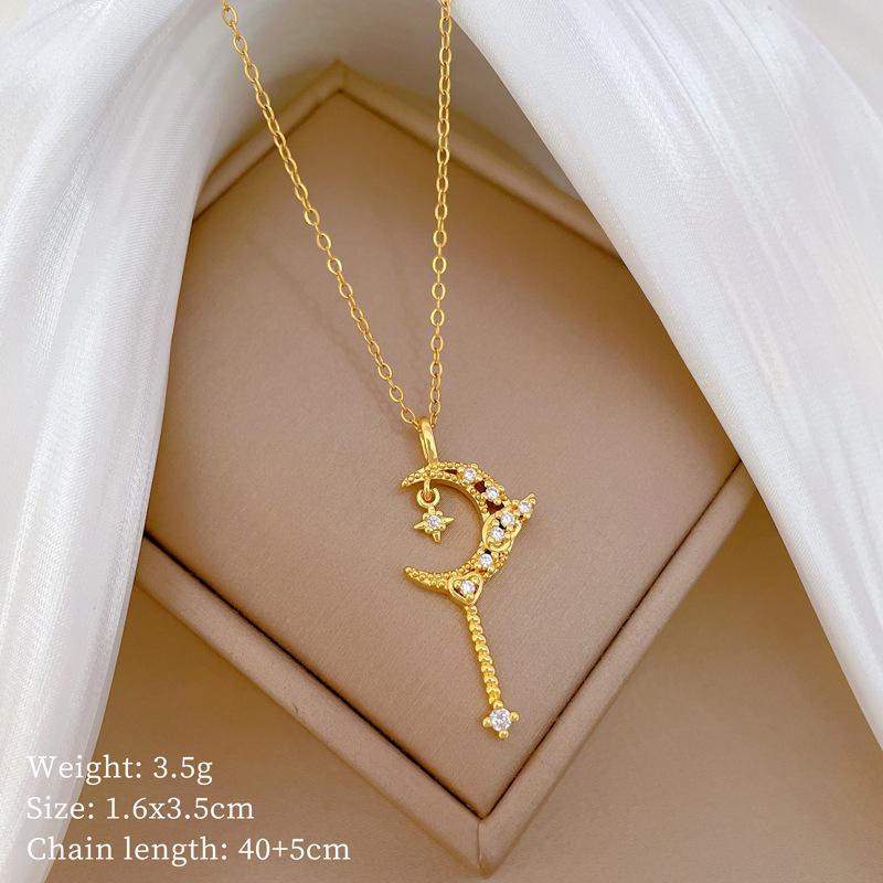 Star Moon Tassel Light Luxury Temperament Gorgeous Full Diamond Necklace Female Versatile Collarbone Chain Titanium Steel Chain