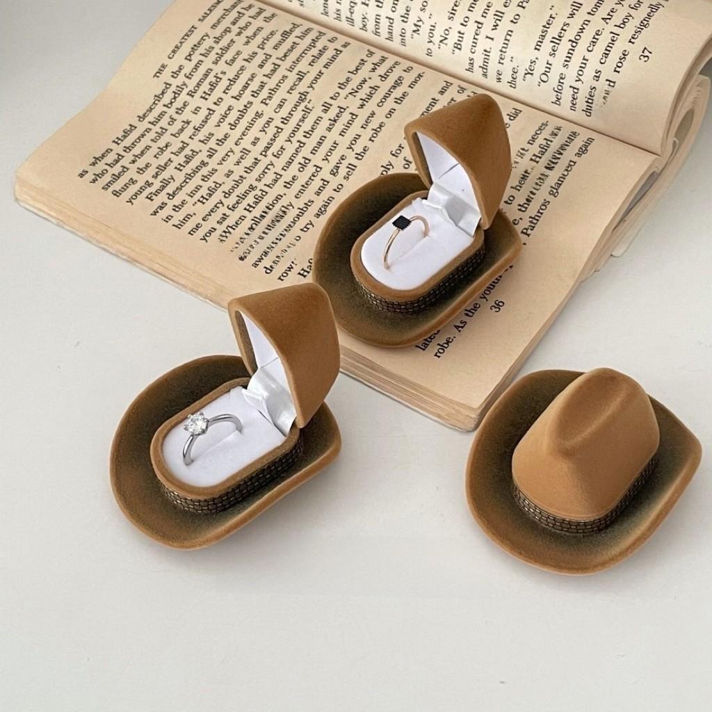 Woody Hat Ring Box With Leather Material For Valentines Day Gift And Proposal Keepsake