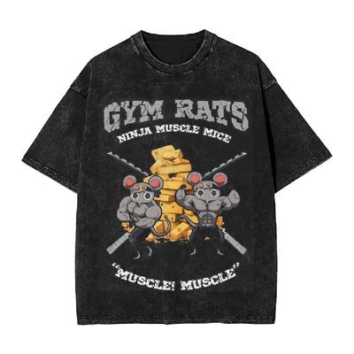 Gym Rats Ninju Muscle Mice Muki Muscular Washed T Shirt Streetwear Hip Hop T-Shirts Demoned Slayered Tee Shirt Men Oversize