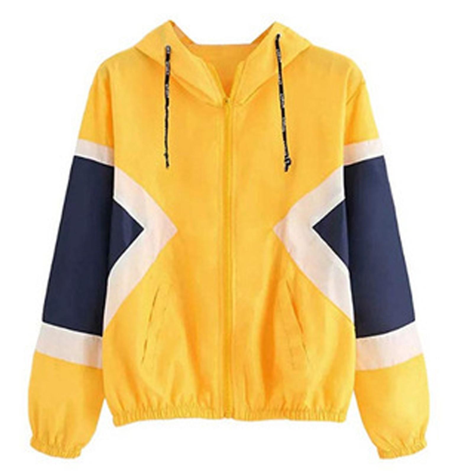 

Женская ветровка контрастного цвета с капюшоном и застежкой-молнией с длинными рукавами M жёлтый