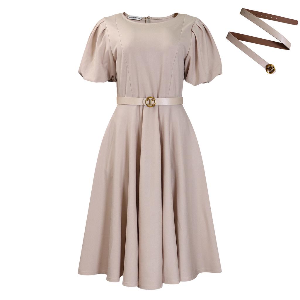 Women's Summer Fashion Bubble Sleeves Elegant High Waist Solid Color Round Neck Large Skirt Dress