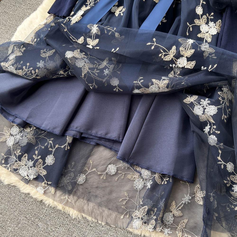 Spring Floral Knitted Long Dress Women Autumn Long Sleeves A Line Patchwork Mesh Embroidery Dresses