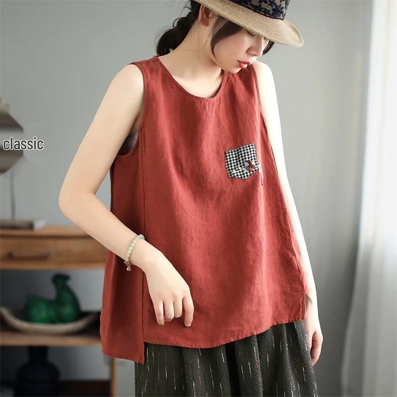 Women's Oversize Cotton-Linen Camisole Vest - Retro Sleeveless Solid Color Summer Top