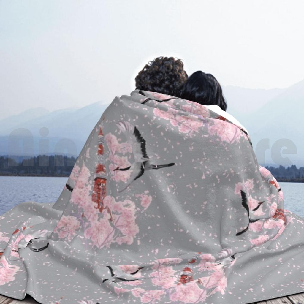 Cherry Blossom & Cranes-Grey Blanket For Sofa Bed Travel Cherry Blossom Sakura Cherry Blossom Cherry Blossom