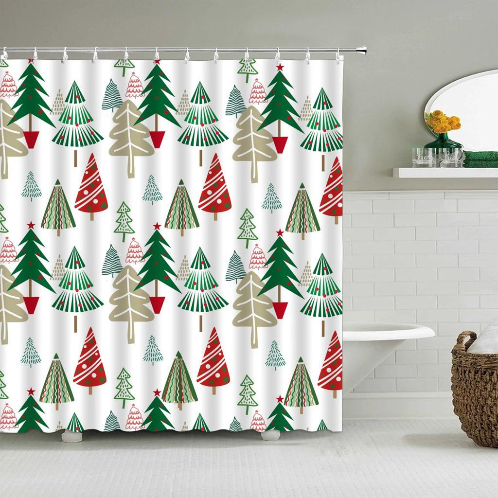 Unframed Christmas Shower Curtain Winter Snowman Snowflake Christmas Tree Red Truck Bell Red Bird Colorful Christmas Ball Bathro