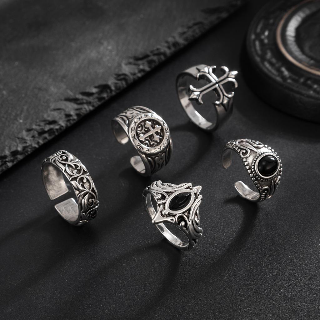 European and American Retro Hip-hop Exquisite Pattern Opening Adjustable Ring Five-piece Personalized Trend Ring