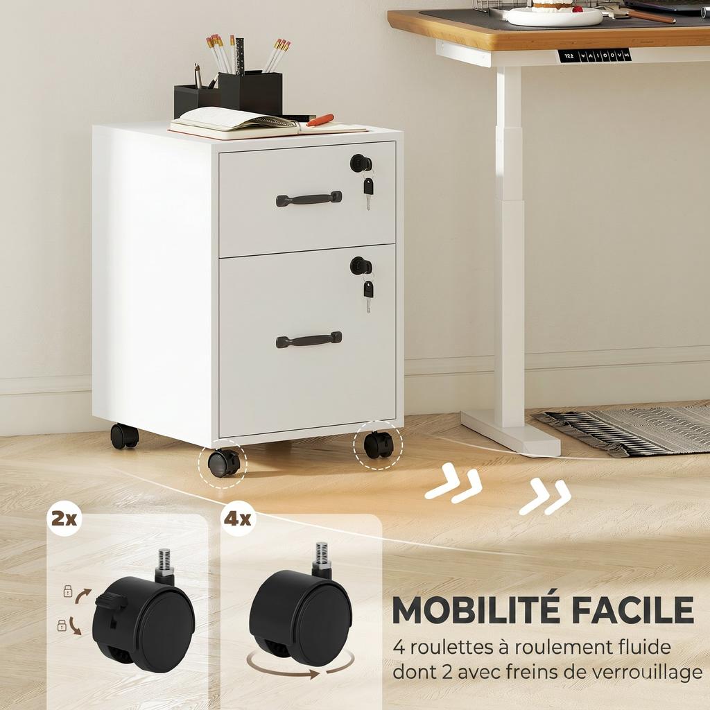 Mobile Office Pedestal, 2 Drawers, Casters, Hanging Letter-Size Documents, White