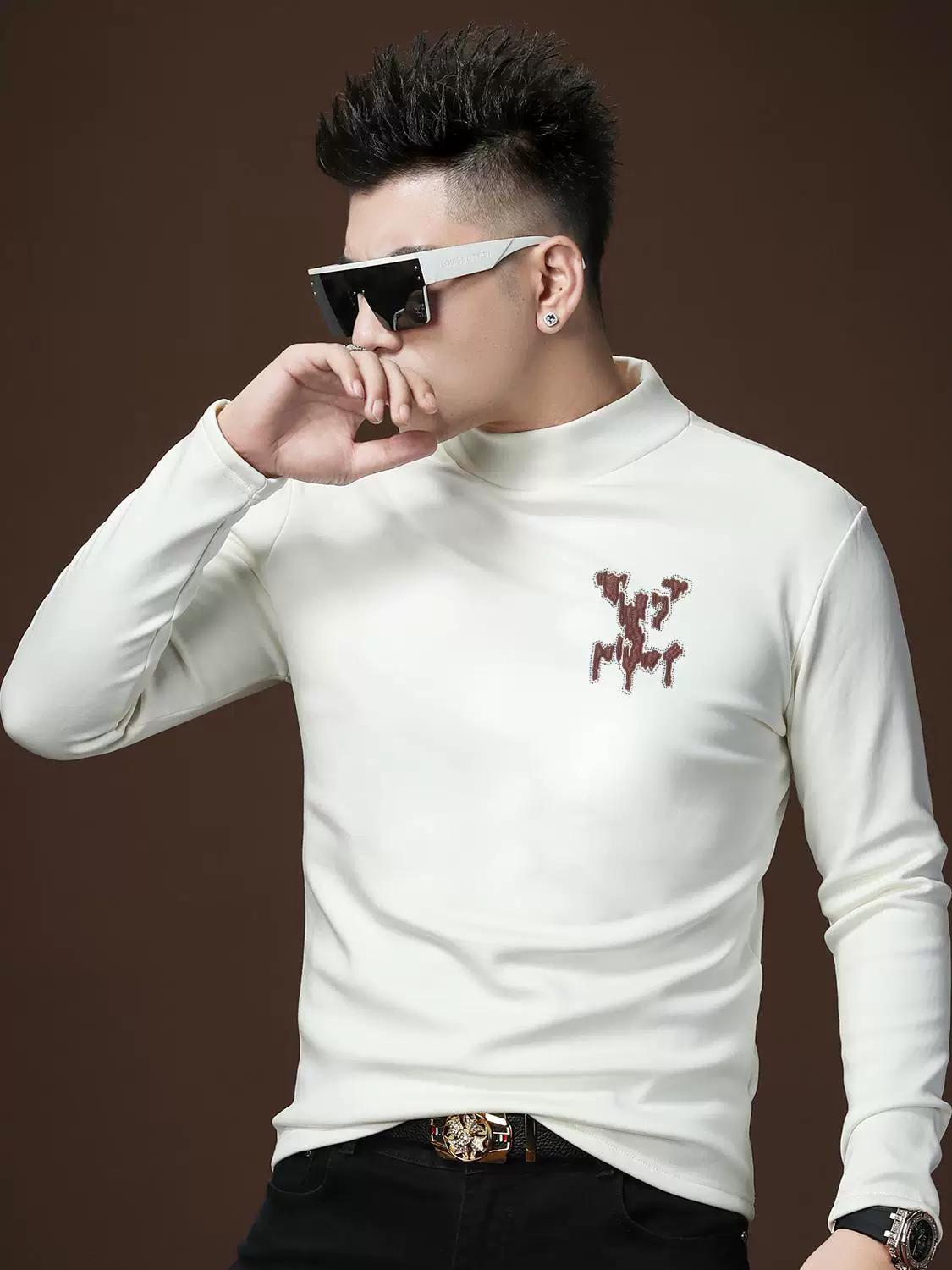 

European Style Men s Half-Turtleneck Sweatshirt, Autumn and Winter Fleece-Lined Base Layer, Trendy Brand Print, Warm Inner Wear for Men L белый