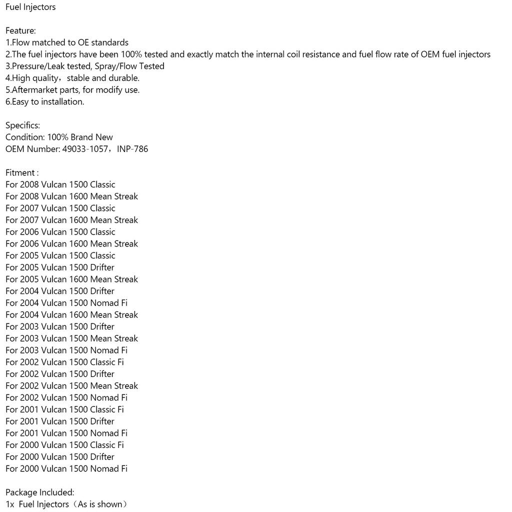 49033-1057 Fuel injectors INP-786 for Kawasaki 2000-2008 Vulcan 1500 1600 PN