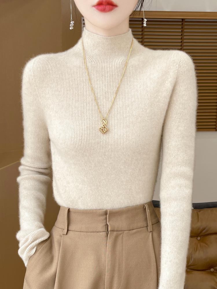 Damski sweter z wysokim dekoltem, dopasowany, z imitacji wełny - rozciągliwa dzianina, warstwa bazowa na jesień/zimę