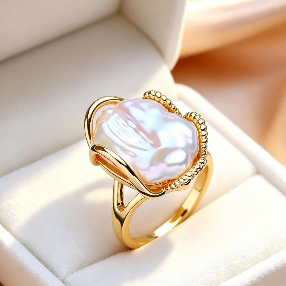 LSOOYH Süßwasser Große Barockperlen Ringe Für Damen Klassisch Silber Gold Farbe Party Ring Perlen Schmuck