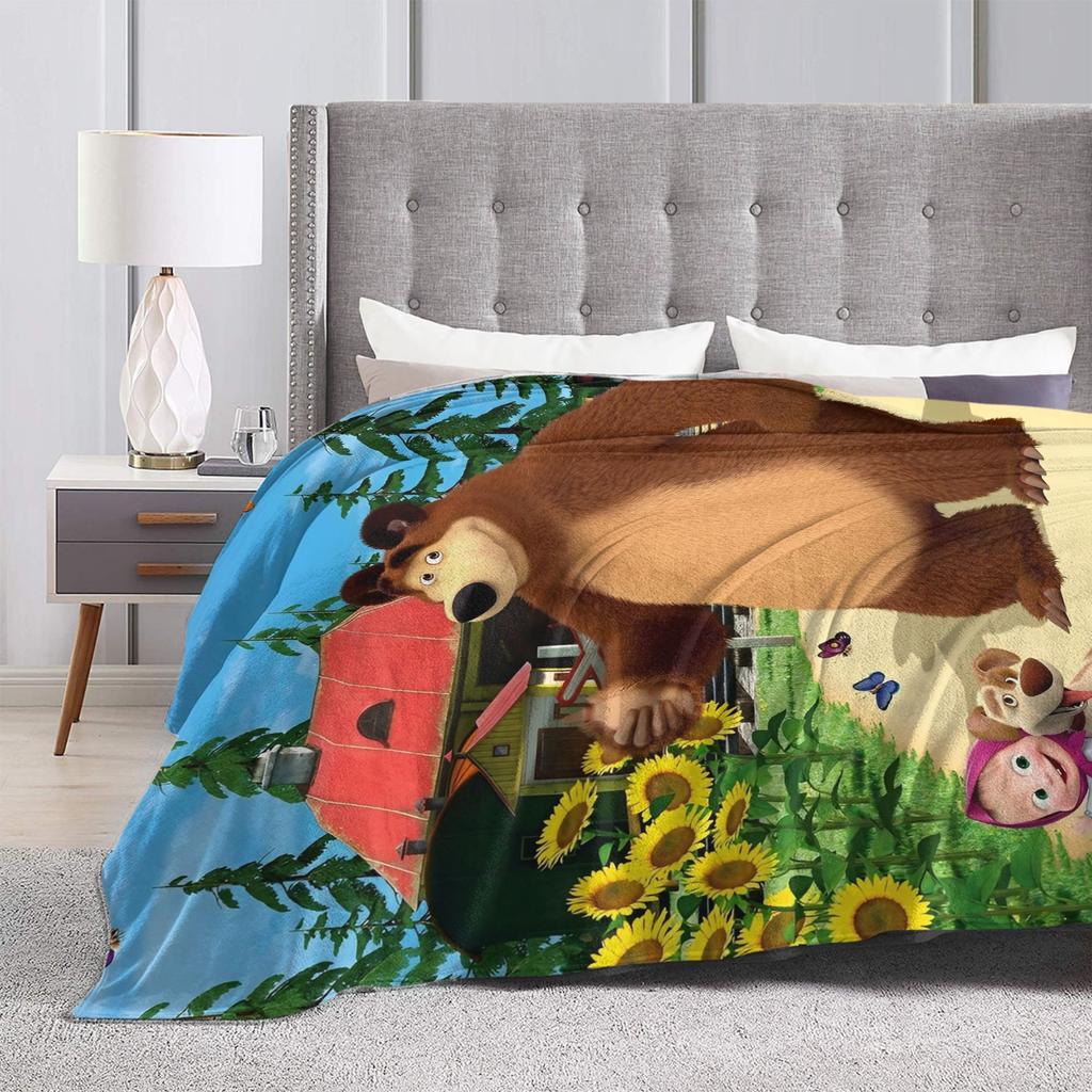 Coperta Morbida Calda Decorativa Cartone Animato M-Masha E Orso Coperte da Letto Copriletto in Flanella per Esterno Divertente Copri Divano Letto