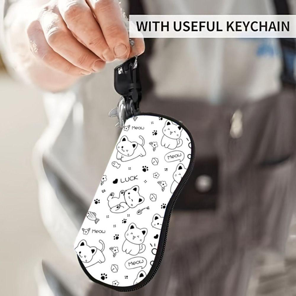 Portable Hanging Cat Print Eyeglass Case Soft Water-resistant Reading Glass Pouch with Hook Leather Sunglasses Holder