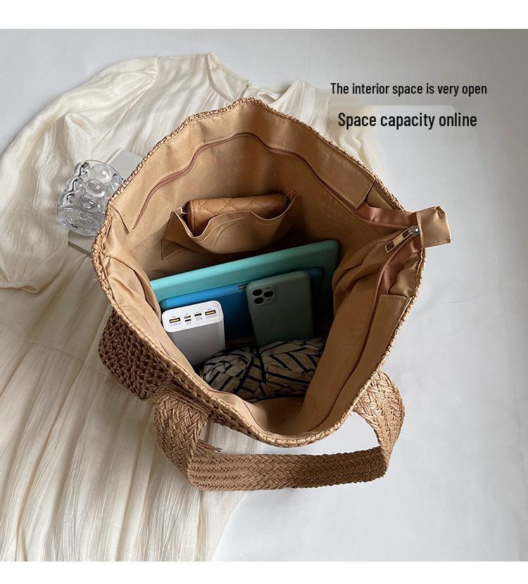 Versatile Solid Color Straw Beach Bag – Large Capacity Vacation Handbag