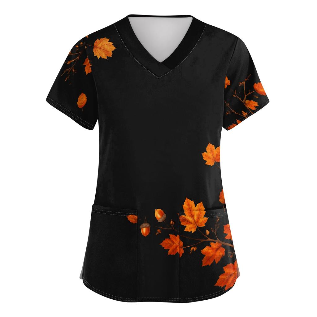Women's V-Neck Short Sleeve Scrub Top with Pockets Maple Leaf Print Side Slit Caregiver Uniform
