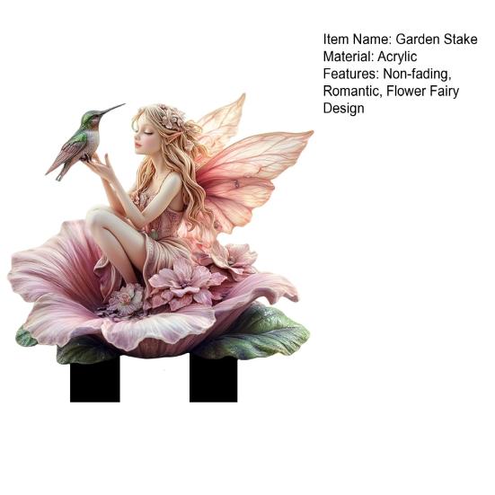 Flower Fairy Garden Stake, 2D Acrylic Fairy Decoration, Flower Fairy Hummingbird Yard Art Stake, Waterproof Outdoor Decor for Lawn Flower Bed