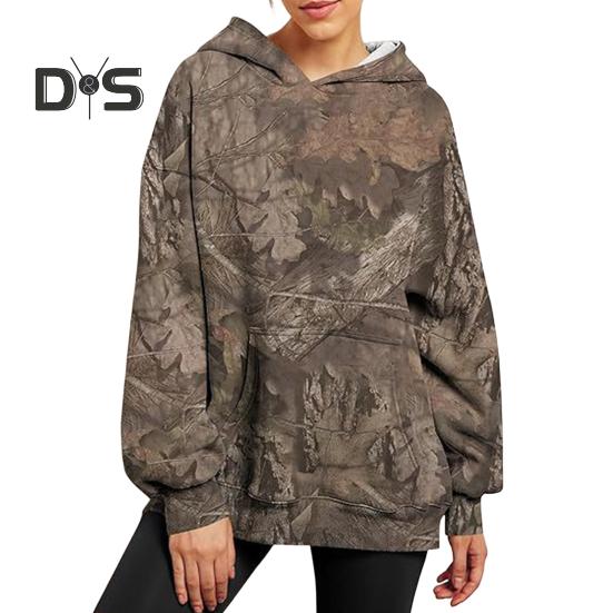 

Женская толстовка с капюшоном и большим передним карманом, камуфляжный принт в виде кленового листа, свободный спортивный топ с капюшоном, повседневный стиль, спортивная одежда для путешествий и активного отдыха L H