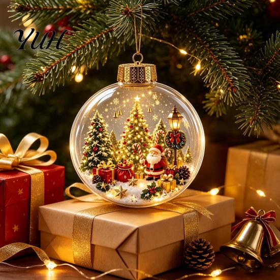 Romantic Christmas Atmosphere Lights Glowing Story Ornament, Mini Holiday Scene In Clear Ball with Lighted Ornaments LED Light, Acrylic Hanging