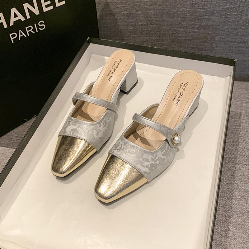French pearl baotou half slippers women's summer wear spring 2025 new thick high-heeled versatile Muller cool slippers