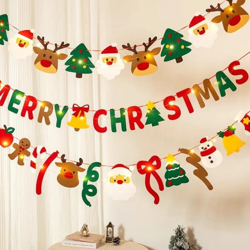 DIY Handmade Pull Flag Banner with LED Light String Merry Christmas Holiday Ornaments Home Room Background Christmas Decoration