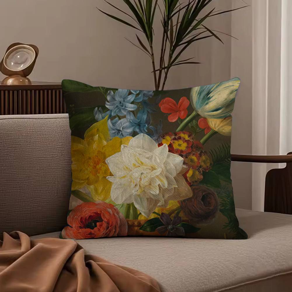 Beautiful Oil Painting Flowers Pillow Case Anti-dustmite Pillowcase Invisible zipper silky short plush Sofa cushion cover