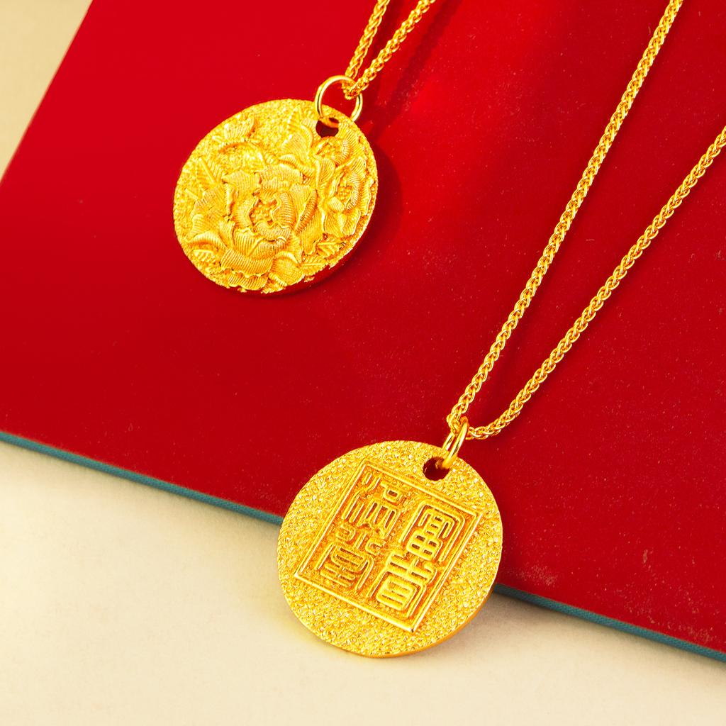 Luxury 24K 9999 Pure Gold Real Gold Women's Ancient Filigold Round Embossed Peony Pendant Necklace