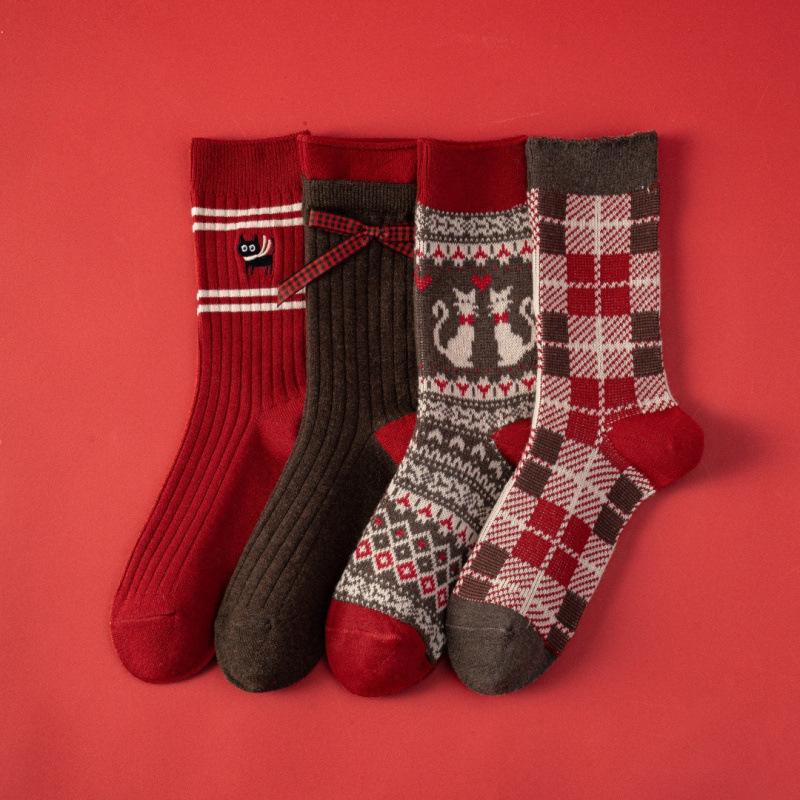 Embroidered Pink Cat Socks College Style Casual Versatile Style Pure Cotton Short Socks