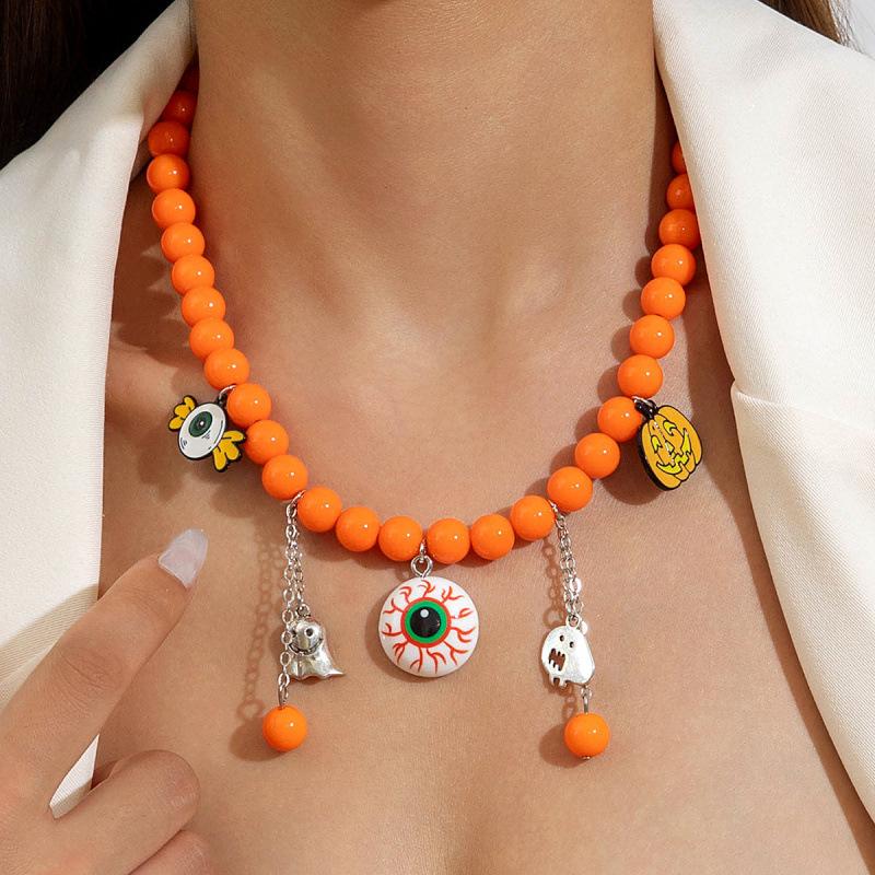 Accessories, Halloween creative pumpkin colored ghost necklace, funny beaded acrylic necklace for women