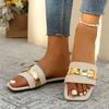 2025 Summer New Women's Open Toe Slippers Outdoor Mixed Color Square Toe Buckle Flat with Sandals Plus Size Daily Beach Slippers