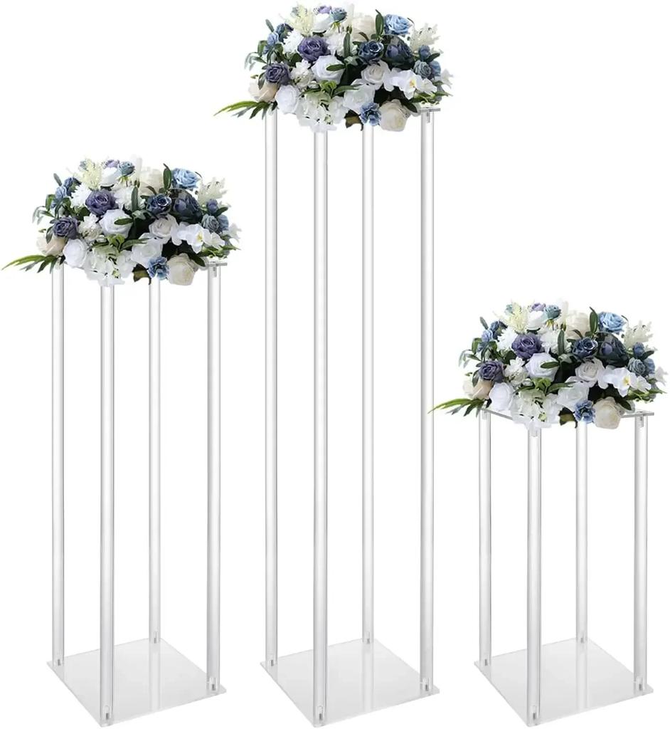 3Pcs High Clear Flower Stand, Rectangular Acrylic Flower Column, Removable Geometric Flower Shelves for Birthday Parties