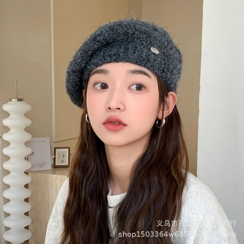 Women S Solid Color Warm Beret Hat For Autumn Winter Slim Face Look Vintage Style