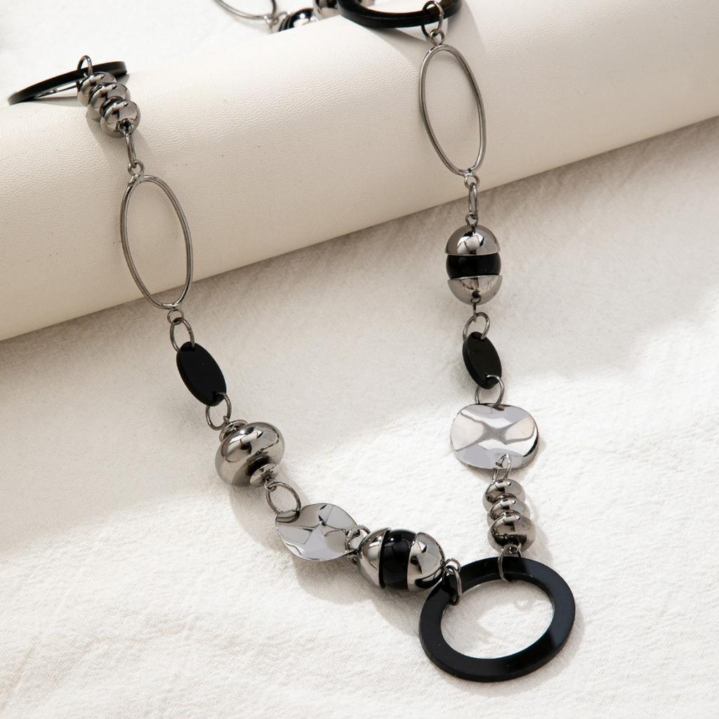 Vintage Geometric Long Necklace Black Silver Circle Oval Link Layered Punk Trendy Statement Jewelry for Women