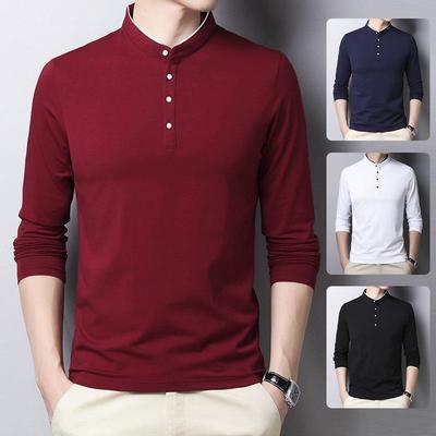 Youth Men's Trendy Long-Sleeve Stand-Up Collar Polo Cotton Shirt