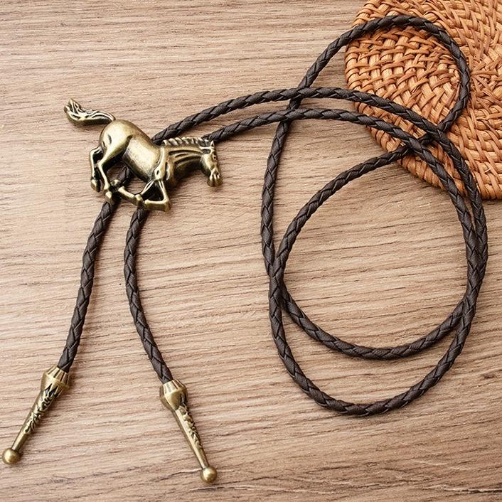 Vintage Horse Head Bolo Tie Retro Faux Leather Long Necklace Pendant Fashion Sweater Chain Jewelry for Men Women