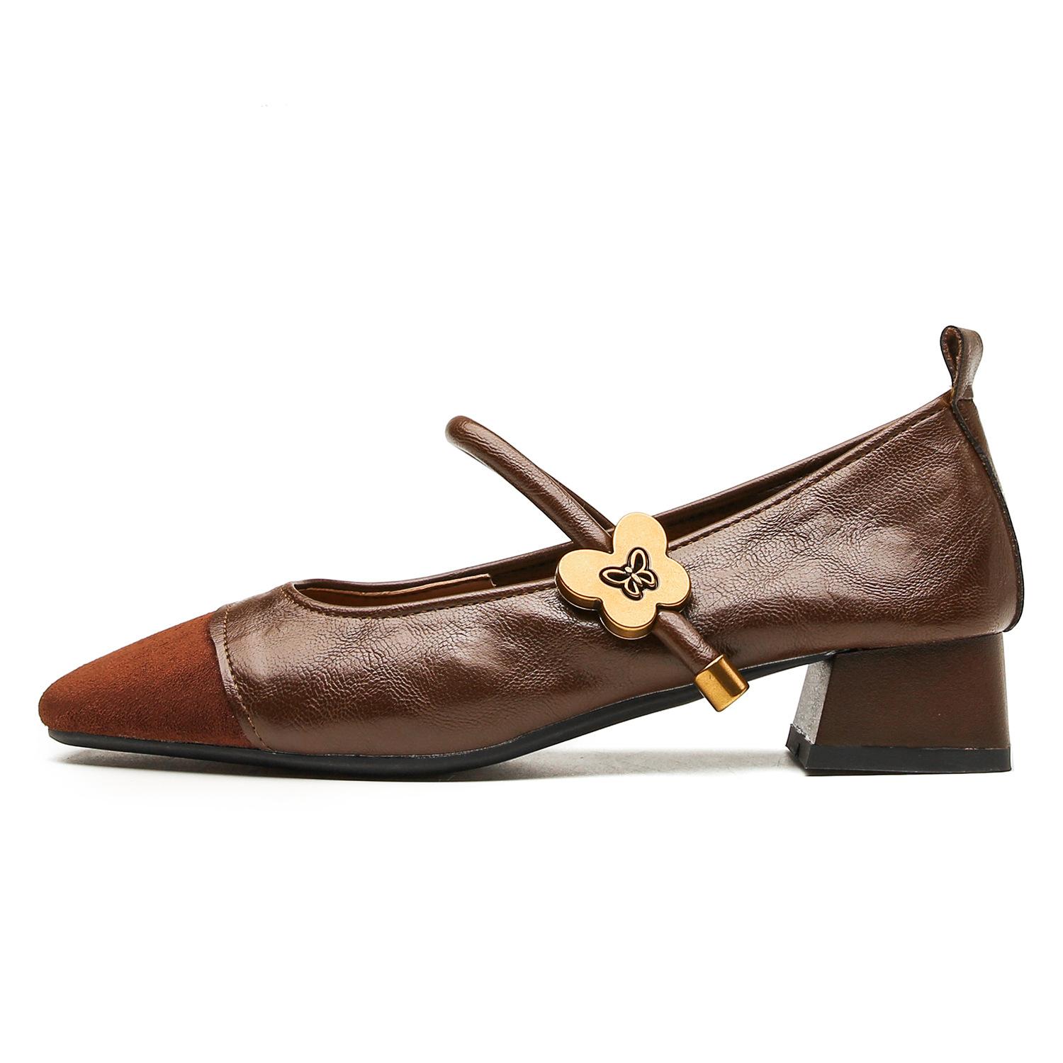 

Одно слово с металлической пряжкой туфли Мэри Джейн на толстом каблуке 3 см, темпераментная маленькая одинарная обувь с квадратным носком 40 светло-коричневого