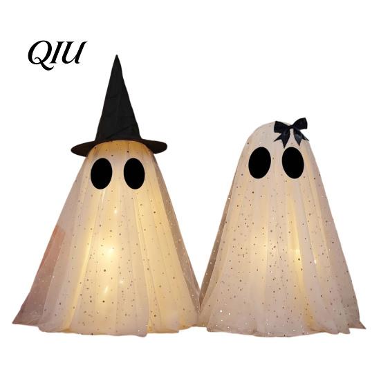 Minimalistický sváteční stolní doplněk Halloweenská dekorace duch, Strašidelná síťovina s flitry s čarodějnickým kloboukem/mašlí, Skládací stojící ozdoba Malý stolní