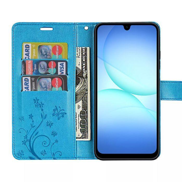 Coque de Protection - BOOLING - Samsung Galaxy A17 4G/5G - Effet Cuir Bleu Papillon Fleur - 2 Vitre