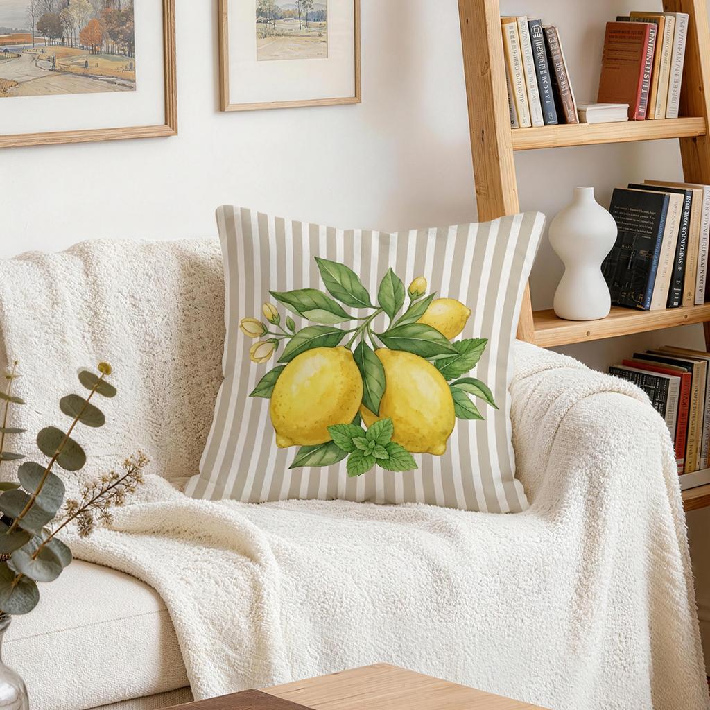 4 Pcs Fresh Striped Lemon Theme Single-Sided Printed Pillowcase Cushion Cover,Suitable For Living Room,Bedroom,Car Decoration