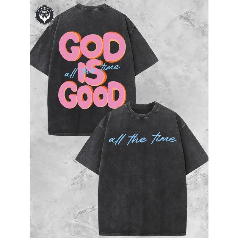 

European Size Washed Short-Sleeve Top with a Round Neck Featuring The Phrase GOD IS GOOD , Showcasing a Unique Double-Sided Design. Spring And Summer S чёрный