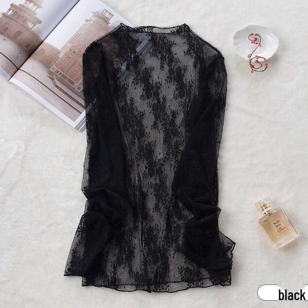 Four Seasons Lace Mesh Semi-High Neck See-Through Long Sleeve Korean-Style Blouse