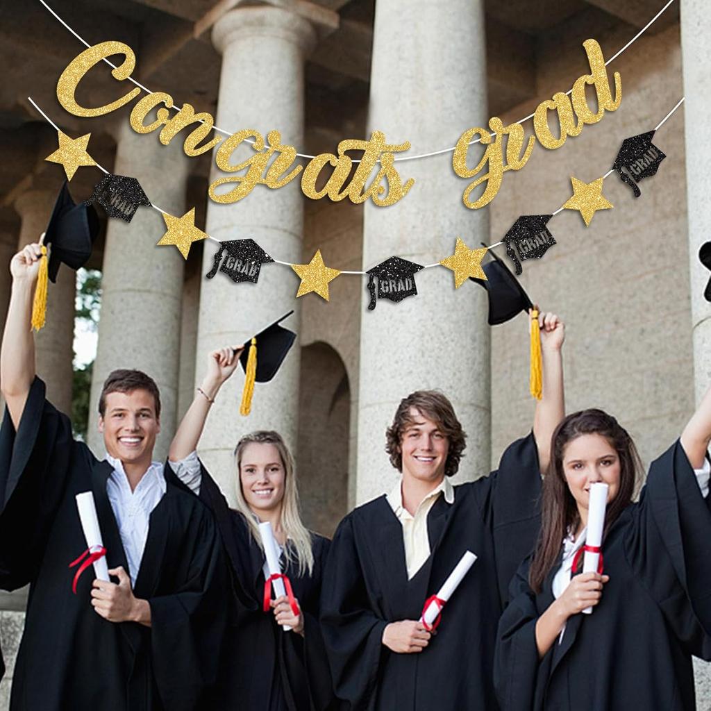 Gold Congrats Grad Banner Glitter Graduation Banner for Graduation Decorations Class of 2026 Party Supplies