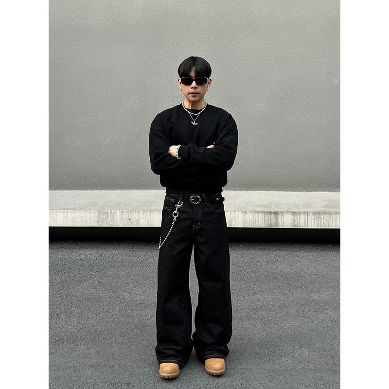 Blaexit American-Style Denim Black Jeans for Men, Vintage Baggy Straight-Leg Loose Casual Raw Color Wide-Leg Pants