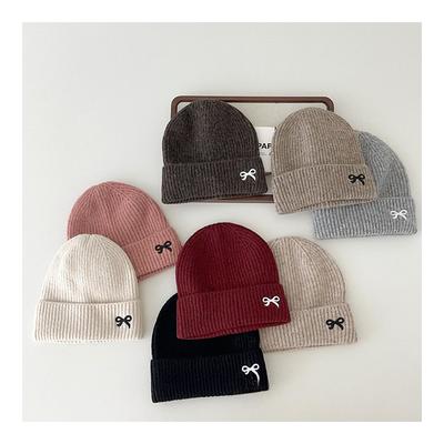 Children's Knitted Hat Korean Boys' Autumn/winter Warm Pullover Hat Girls' Embroidered Bow with Foreign Style Wear Cold Hat