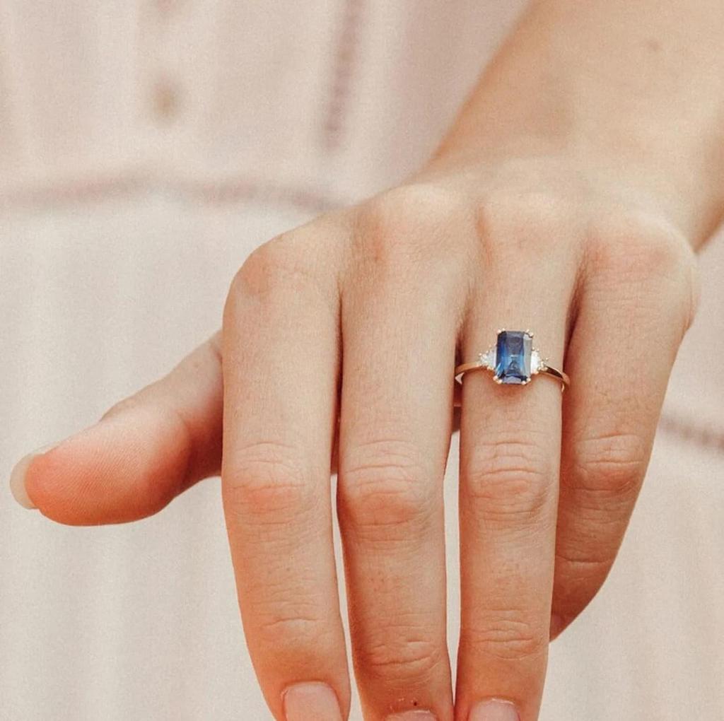 Emerald Cut Sapphire Engagement Ring: Baguette CZ Diamond Silver Bridal Ring: 925 Sterling Silver Ring: Art Deco Bridal Wedding Jewelry gift