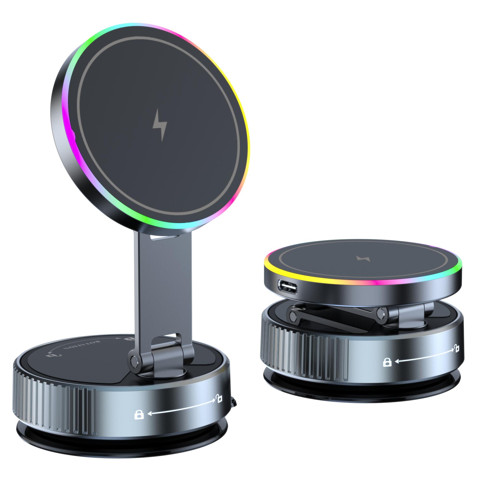 

K3 Rotating Magnetic Car Phone Holder Wireless Charging Vacuum Sucker Desktop Stand with Colorful Light A