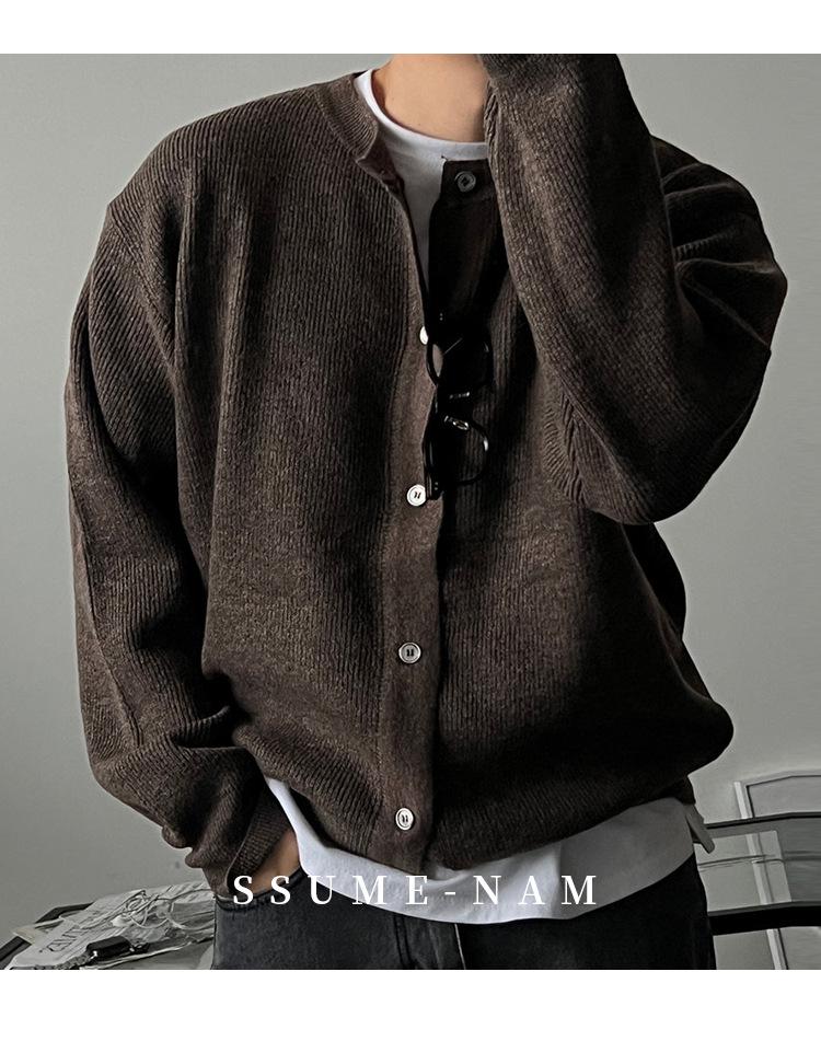 Men's High-End Woolen Cardigan - Round Neck, Autumn/Winter Casual Knitwear