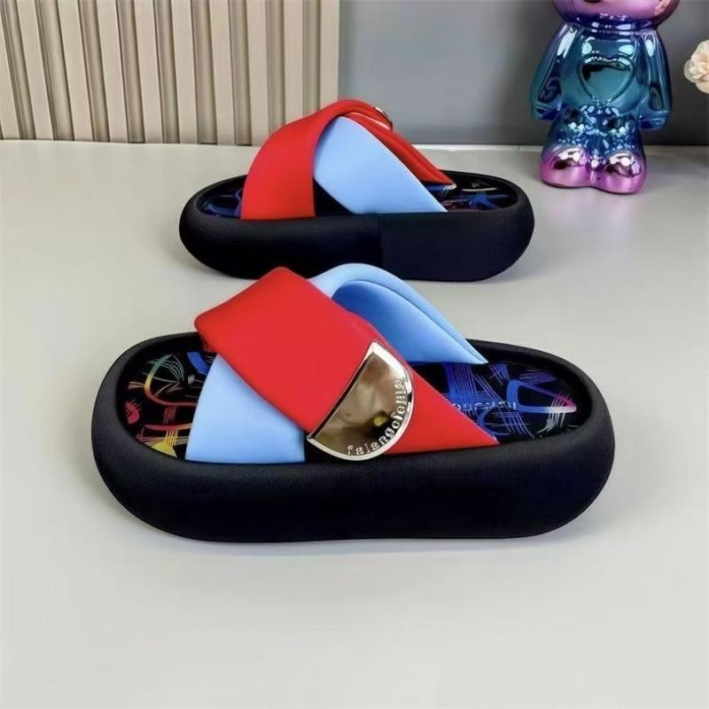

Thick-bottomed open-toed one-word slippers for women s summer wear, new with skirts, cross-strap color matching beach sandals 35 красный
